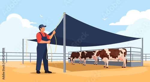 Farmer setting up shade for cows on a sunny day.