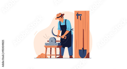 Farmer sharpening sickle tool with grinding wheel illustration.