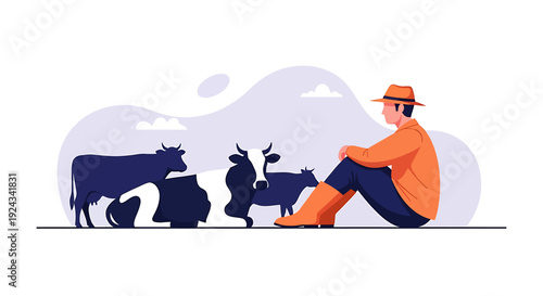 Farmer Sitting With Cows On A Farm.