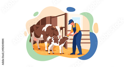 Farmer tending to cow and calf on dairy farm.