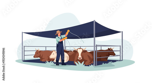 Farmer tending to cattle under a protective canopy.