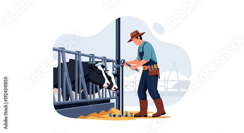 Farmer tending to cow in modern barn livestock enclosure.