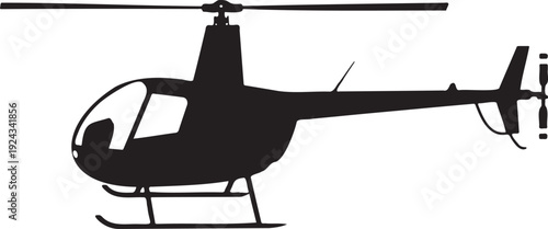 Black silhouette of a modern single engine helicopter with rotor blades and tail rotor isolated on a transparent background