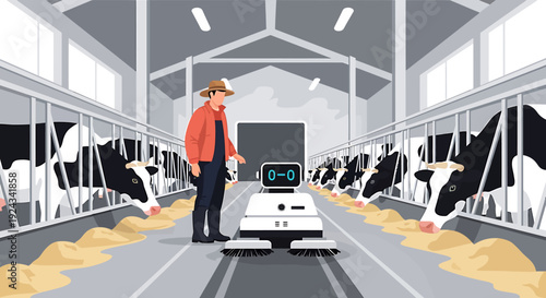 Farmer uses robotic feeder in modern barn with cows.