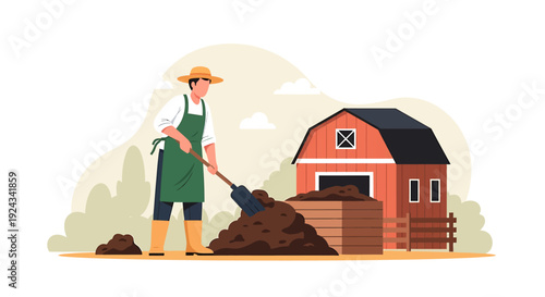 Farmer turning compost pile next to red barn illustration.