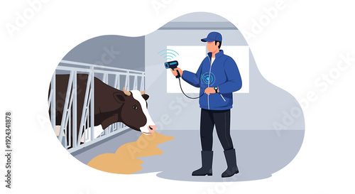 Farmer using modern technology to care for cow in barn.