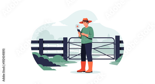 Farmer Using Smartphone Near Farm Gate Technology.