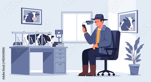 Farmer using technology in modern office with cows.