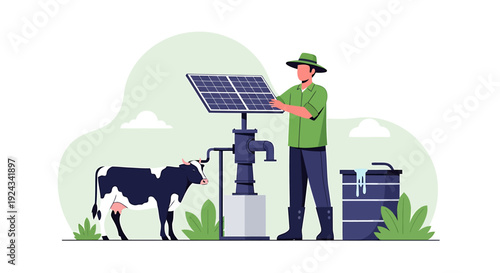 Farmer using solar power for water pump with cow nearby.