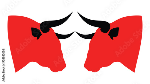 Two stylized red bull heads face each other in a symmetrical design