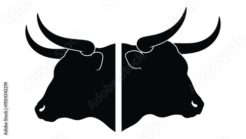 Symmetrical black silhouette of two bull heads facing each other with prominent horns