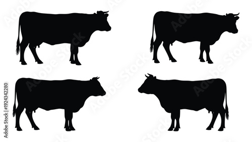 Four black silhouettes of cows depicted in various poses against a white background