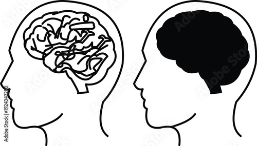 Human head profiles with contrasting brain representations: one detailed outline and one solid black, illustrating thought, intelligence, or psychology.