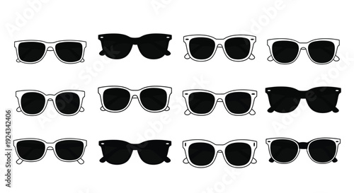 An assortment of twelve black sunglasses displays different.