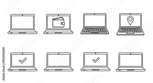Eight laptop outline icons showing various screen states.