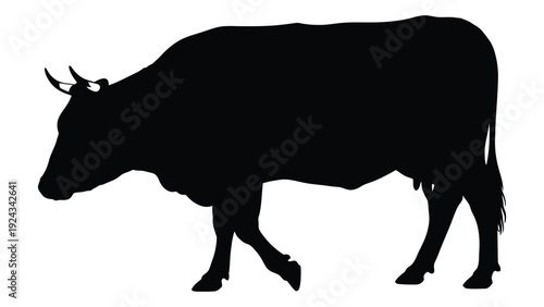 A silhouette of a large bull depicted in a simple black and white style