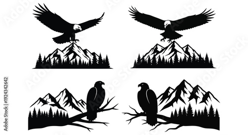 Four bald eagles and mountain emblems displayed together.