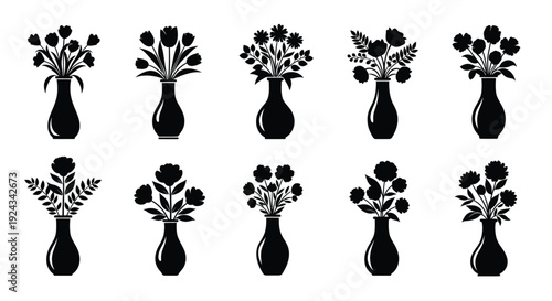 Ten black vase flower bouquet silhouettes arranged.