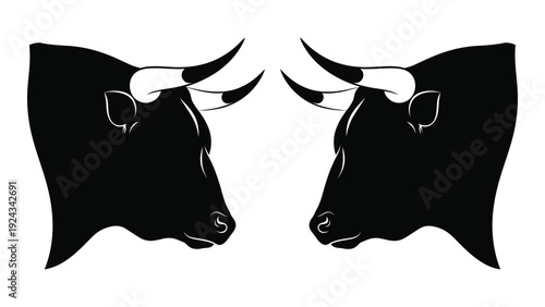 A symmetrical black and white illustration featuring the heads of two facing bulls