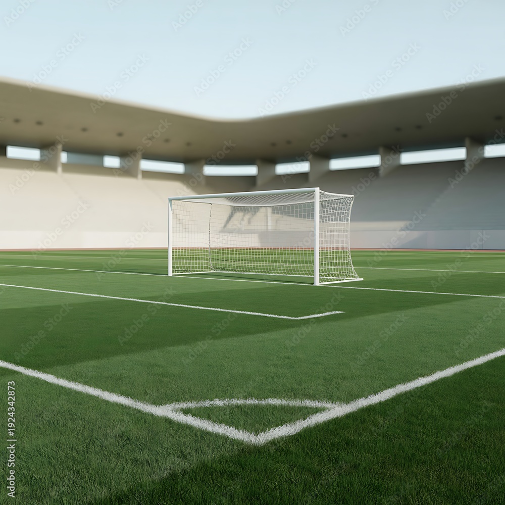 Obraz premium Title: A close-up view of a white soccer goal net with a white frame standing on a green artificial turf field with white boundary lines and a stadium in the background