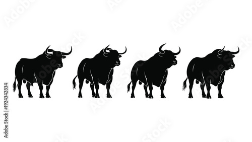 Four black silhouettes of bulls in a row facing slightly different angles