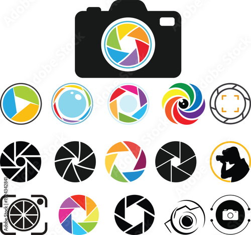 Set photo camera lens diaphragm. Camera shutter icons. Diaphragm icon, photography symbol vector illustration.photography focal point symbols, digital iris diaphragm elements, optic shutter signs,