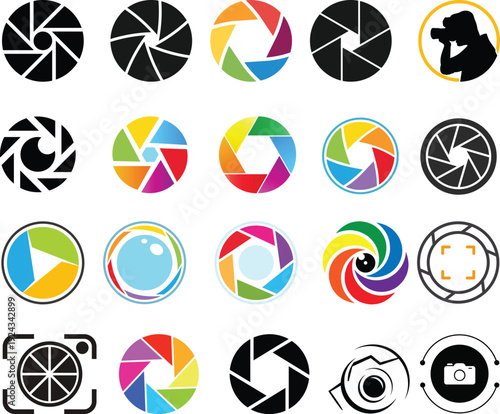 Set photo camera lens diaphragm. Camera shutter icons. Diaphragm icon, photography symbol vector illustration.photography focal point symbols, digital iris diaphragm elements, optic shutter signs,