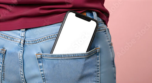 Person wearing blue jeans with white smartphone in back pocket against pink background