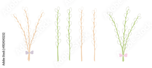 Willow tree branches with catkins isolated illustration set. Spring, Easter holiday clip art collection, seasonal card, banner, poster. Hand drawn flat vector design element