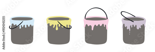 Bucket of paint isolated illustration set. Easter holiday clip art collection, seasonal card, banner, poster. Fine art, painting, house decoration. Hand drawn flat vector design element