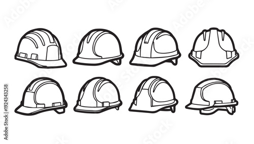 Set of hard hats in outline construction safety helmets industrial protective headwear stock vector graphic