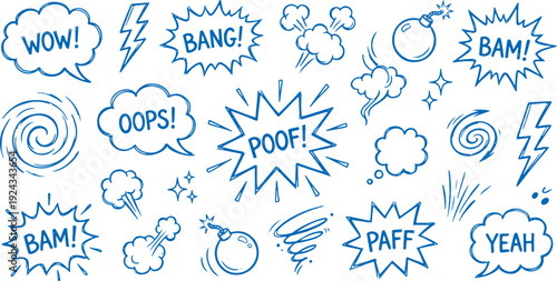 Collection of blue comic book style speech bubbles and sound effects on white background for creative projects