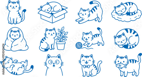 Set of cute cat illustrations in blue lines on white background various poses and emotions playful and adorable feline characters for design and decoration