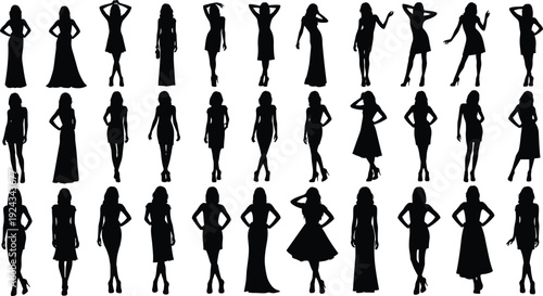 Large Collection of Female Fashion Silhouettes Featuring Women in Various Elegant Dresses and Poses for Glamorous Vector Design Projects
