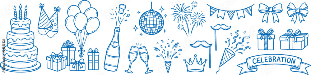 Naklejka premium Blue celebration icons set including cake gifts balloons champagne fireworks and party decorations on white background for festive events