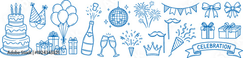 Blue celebration icons set including cake gifts balloons champagne fireworks and party decorations on white background for festive events