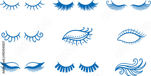 Collection of various blue false eyelashes on white background for beauty and makeup concepts
