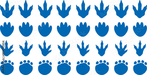 Blue animal paw prints and claw marks on white background footprints and handprints set graphic resource for design