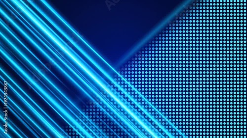 Abstract Blue Neon Light Streaks and Digital Grid Pattern Background.