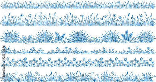 Blue floral patterns on white background decorative grass and flower designs elegant botanical illustrations