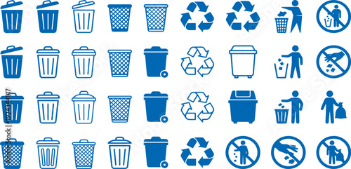 Collection of blue waste management and recycling icons on white background including trash cans recycling symbols and prohibited signs for littering and waste disposal