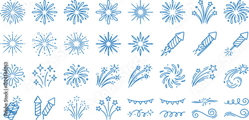 Collection of blue firework illustrations on white background for festive designs and celebrations