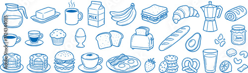 Delicious breakfast icons including pastries sandwiches fruits and beverages on white background