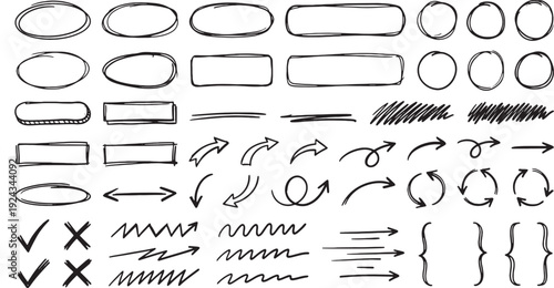 Hand drawn graphic design elements arrows shapes and symbols on white background for creative projects
