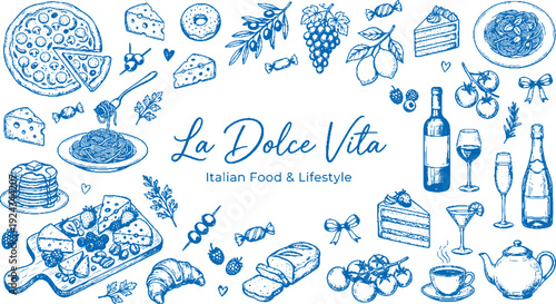 La dolce vita italian food and lifestyle illustration with wine cheese and desserts