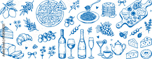 Wine and cheese assortment with grapes bread and dessert arranged in a decorative pattern on a white background with blue illustrations