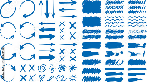Collection of blue hand drawn arrows symbols and marks on white background for graphic design