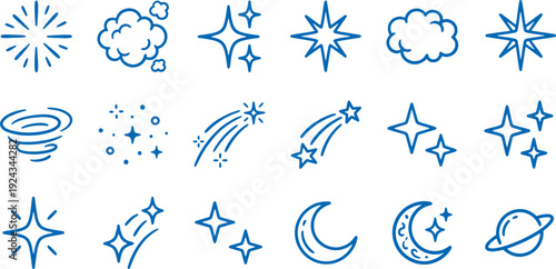 Collection of blue celestial icons including stars clouds moons and planets on white background for design and decoration