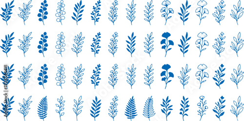 Collection of delicate blue botanical illustrations and hand drawn floral elements featuring various leaves branches and flower buds presented on a clean white background