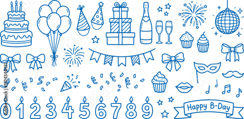Blue line art birthday party icons set with cakes balloons gifts and decorations on white background for celebration design